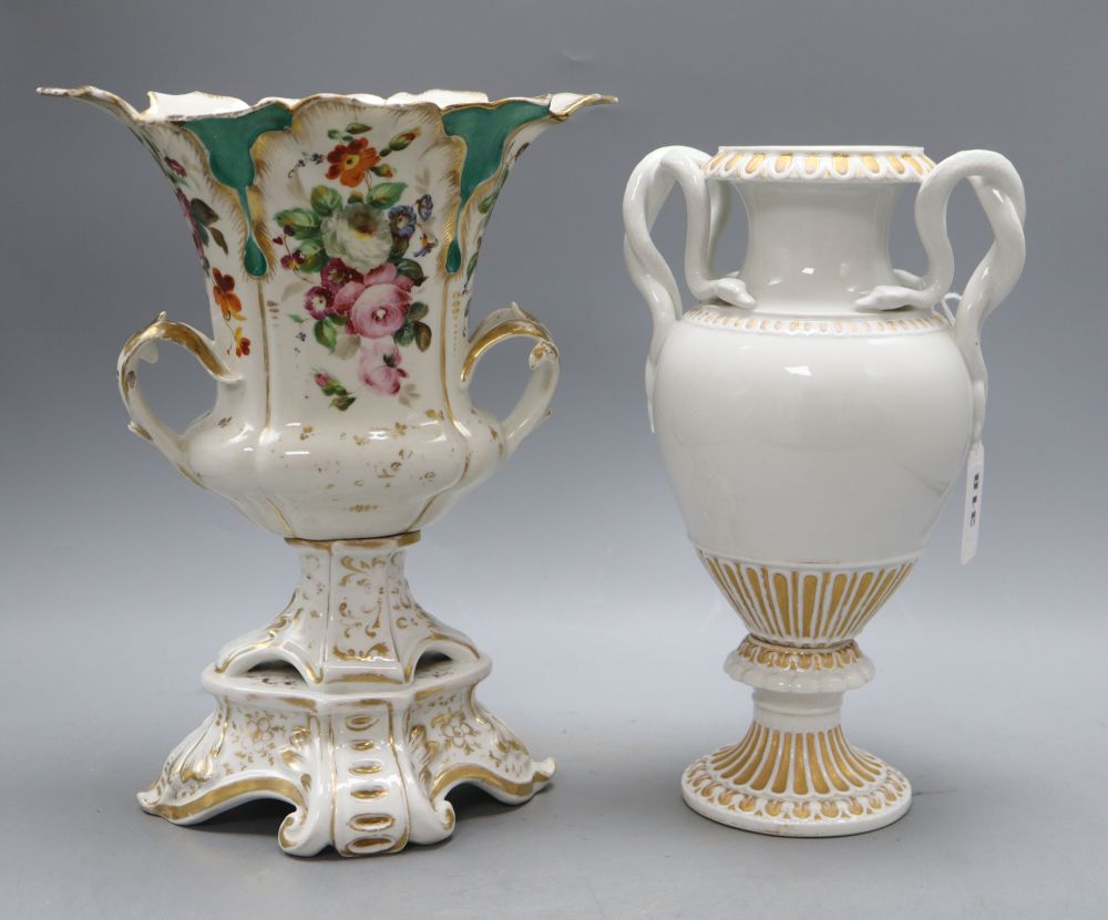 A 19th century Meissen two handled vase, height 27cm and a Paris porcelain vase